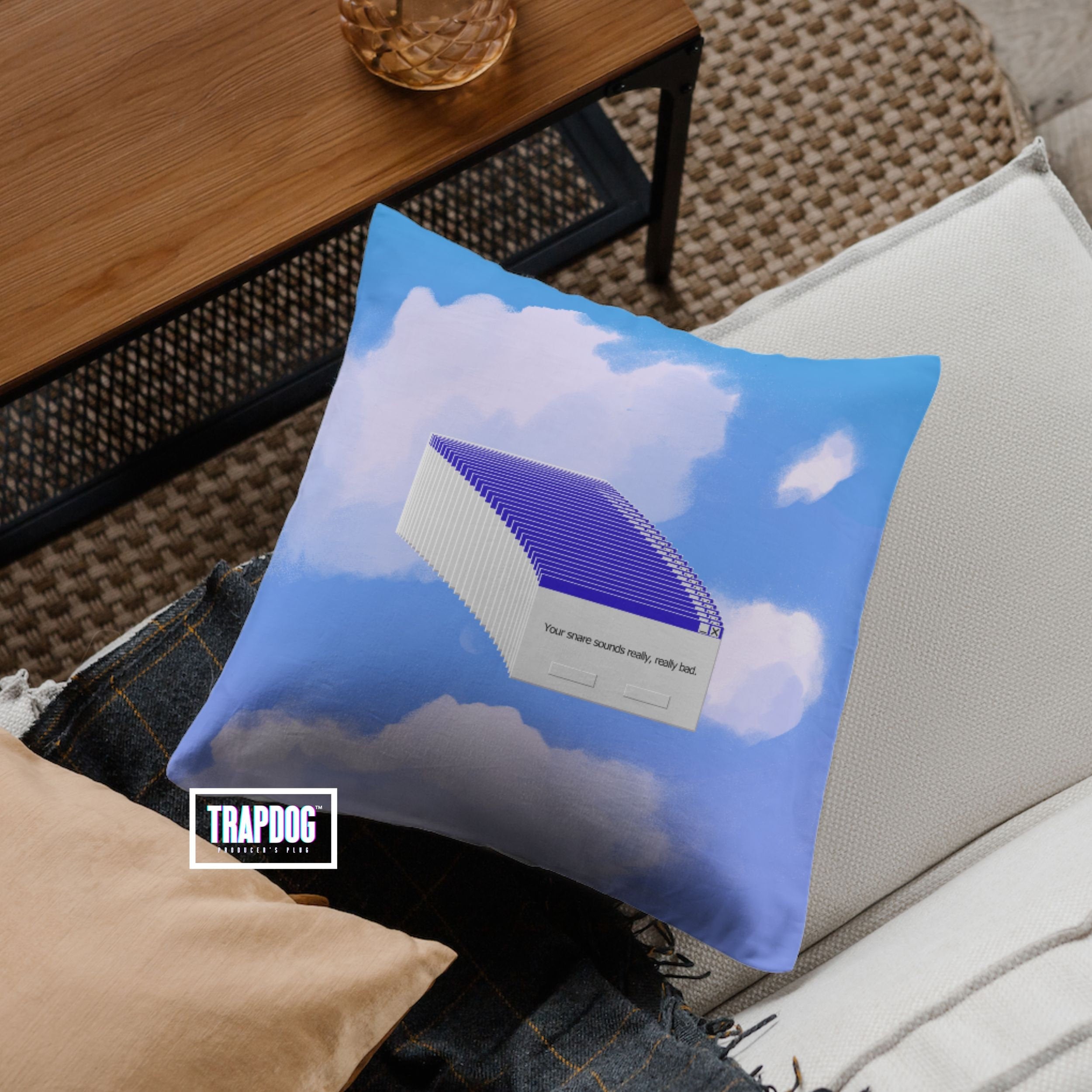 TRAPDOG® Your Snare Sounds Really, Really Bad Throw Pillow | 14" x 14" | Funny Gift For Producer | Studio Pillow | Nostalgic Windows Pillow